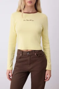 TRENDYOLMİLLA Light Yellow Embroidered Fitted Knitting T-Shirt with Contrast Detail - Image 3