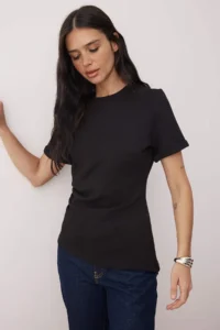 TRENDYOLMİLLA Trendyol Studio Collection Black Crew Neck Asymmetric Fitted Knitting T-Shirt
