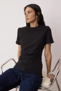TRENDYOLMİLLA Trendyol Studio Collection Black Crew Neck Asymmetric Fitted Knitting T-Shirt - Image 2