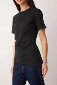 TRENDYOLMİLLA Trendyol Studio Collection Black Crew Neck Asymmetric Fitted Knitting T-Shirt - Image 3