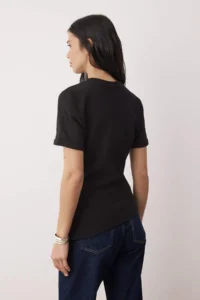 TRENDYOLMİLLA Trendyol Studio Collection Black Crew Neck Asymmetric Fitted Knitting T-Shirt - Image 4