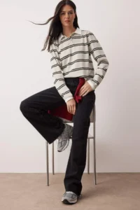 TRENDYOLMİLLA Multicolored Striped Polo Shirt Collar Fitted Knitting T-Shirt - Image 2