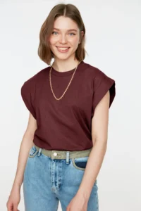 TRENDYOLMİLLA Burgundy 100% Cotton Wadding Look Basic Crew Neck Knitting T-Shirt