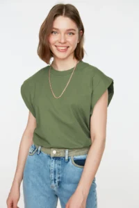 TRENDYOLMİLLA Khaki 100% Cotton Wadding Look Basic Crew Neck Knitting T-Shirt
