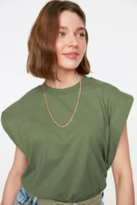 TRENDYOLMİLLA Khaki 100% Cotton Wadding Look Basic Crew Neck Knitting T-Shirt - Image 2