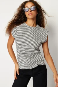 TRENDYOLMİLLA Multicolored 100% Cotton Striped Wadding Look Basic Crew Neck Knitting T-Shirt - Image 3