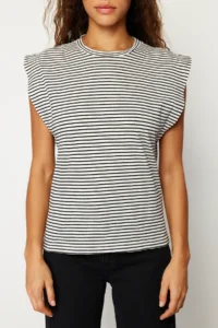 TRENDYOLMİLLA Multicolored 100% Cotton Striped Wadding Look Basic Crew Neck Knitting T-Shirt - Image 5