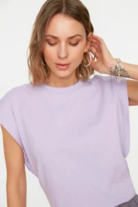 TRENDYOLMİLLA Lilac 100% Cotton Wadding Look Basic Crew Neck Knitting T-Shirt