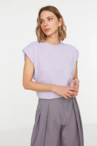 TRENDYOLMİLLA Lilac 100% Cotton Wadding Look Basic Crew Neck Knitting T-Shirt - Image 2
