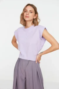 TRENDYOLMİLLA Lilac 100% Cotton Wadding Look Basic Crew Neck Knitting T-Shirt - Image 3
