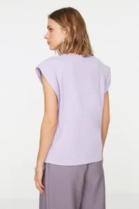 TRENDYOLMİLLA Lilac 100% Cotton Wadding Look Basic Crew Neck Knitting T-Shirt - Image 5