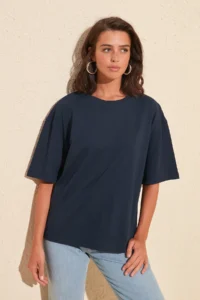 TRENDYOLMİLLA Navy Blue 100% Cotton Back Embroidered relaxed/Wide Relaxed Cut Crew Neck Knitting T-Shirt - Image 11
