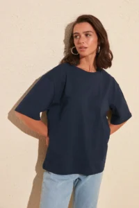 TRENDYOLMİLLA Navy Blue 100% Cotton Back Embroidered relaxed/Wide Relaxed Cut Crew Neck Knitting T-Shirt - Image 12