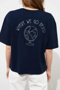 TRENDYOLMİLLA Navy Blue 100% Cotton Back Embroidered relaxed/Wide Relaxed Cut Crew Neck Knitting T-Shirt - Image 5
