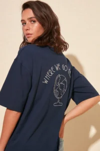 TRENDYOLMİLLA Navy Blue 100% Cotton Back Embroidered relaxed/Wide Relaxed Cut Crew Neck Knitting T-Shirt - Image 6
