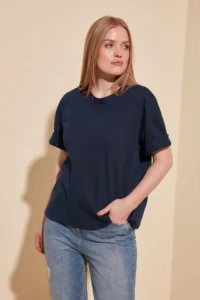 TRENDYOLMİLLA Navy Blue 100% Cotton Back Embroidered relaxed/Wide Relaxed Cut Crew Neck Knitting T-Shirt - Image 9