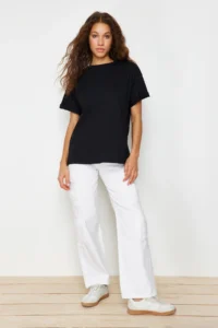 TRENDYOLMİLLA Black 100% Cotton Crew Neck Oversized/Wide Pattern Knitting T-Shirt - Image 3