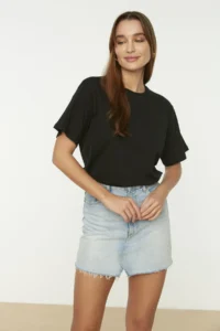 TRENDYOLMİLLA Black 100% Cotton Crew Neck Oversized/Wide Pattern Knitting T-Shirt - Image 7