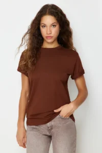 TRENDYOLMİLLA Brown 100% Cotton Crew Neck Oversized/Geniş Pattern Knitting T-Shirt