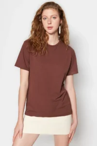 TRENDYOLMİLLA Brown 100% Cotton Crew Neck Oversized/Geniş Pattern Knitting T-Shirt - Image 7