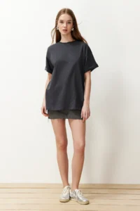 TRENDYOLMİLLA Anthracite 100% Cotton Crew Neck Oversized/Wide Pattern Knitting T-Shirt