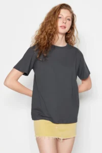 TRENDYOLMİLLA Anthracite 100% Cotton Crew Neck Oversized/Wide Pattern Knitting T-Shirt - Image 10