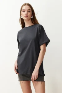 TRENDYOLMİLLA Anthracite 100% Cotton Crew Neck Oversized/Wide Pattern Knitting T-Shirt - Image 2