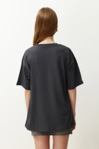 TRENDYOLMİLLA Anthracite 100% Cotton Crew Neck Oversized/Wide Pattern Knitting T-Shirt - Image 6