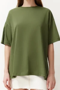 TRENDYOLMİLLA Khaki 100% Cotton Crew Neck Oversized/Wide Pattern Knitting T-Shirt - Image 5