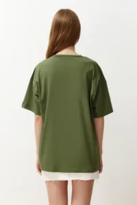 TRENDYOLMİLLA Khaki 100% Cotton Crew Neck Oversized/Wide Pattern Knitting T-Shirt - Image 6