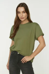 TRENDYOLMİLLA Khaki 100% Cotton Crew Neck Oversized/Wide Pattern Knitting T-Shirt - Image 7