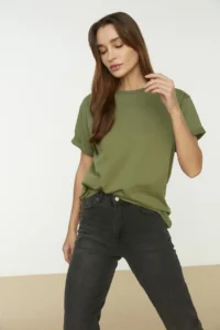 TRENDYOLMİLLA Khaki 100% Cotton Crew Neck Oversized/Wide Pattern Knitting T-Shirt - Image 8