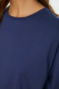 TRENDYOLMİLLA Navy Blue 100% Cotton Crew Neck Oversized/Wide Pattern Knitting T-Shirt - Image 10