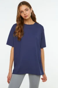 TRENDYOLMİLLA Navy Blue 100% Cotton Crew Neck Oversized/Wide Pattern Knitting T-Shirt - Image 11