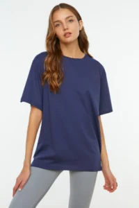 TRENDYOLMİLLA Navy Blue 100% Cotton Crew Neck Oversized/Wide Pattern Knitting T-Shirt - Image 12