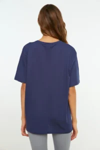 TRENDYOLMİLLA Navy Blue 100% Cotton Crew Neck Oversized/Wide Pattern Knitting T-Shirt - Image 13