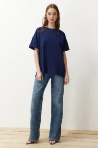 TRENDYOLMİLLA Navy Blue 100% Cotton Crew Neck Oversized/Wide Pattern Knitting T-Shirt - Image 2