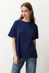 TRENDYOLMİLLA Navy Blue 100% Cotton Crew Neck Oversized/Wide Pattern Knitting T-Shirt - Image 3