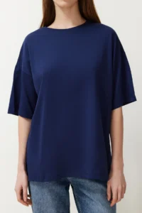 TRENDYOLMİLLA Navy Blue 100% Cotton Crew Neck Oversized/Wide Pattern Knitting T-Shirt - Image 5