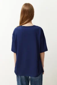 TRENDYOLMİLLA Navy Blue 100% Cotton Crew Neck Oversized/Wide Pattern Knitting T-Shirt - Image 6
