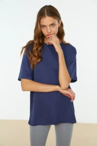 TRENDYOLMİLLA Navy Blue 100% Cotton Crew Neck Oversized/Wide Pattern Knitting T-Shirt - Image 7