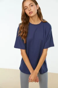 TRENDYOLMİLLA Navy Blue 100% Cotton Crew Neck Oversized/Wide Pattern Knitting T-Shirt - Image 8