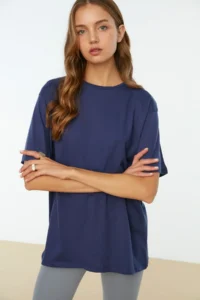 TRENDYOLMİLLA Navy Blue 100% Cotton Crew Neck Oversized/Wide Pattern Knitting T-Shirt - Image 9