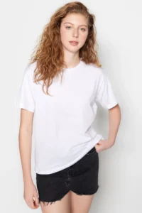 TRENDYOLMİLLA White 100% Cotton Crew Neck Oversized/Wide Pattern Knitting T-Shirt - Image 7