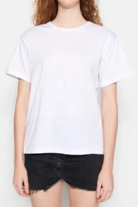 TRENDYOLMİLLA White 100% Cotton Crew Neck Oversized/Wide Pattern Knitting T-Shirt - Image 9
