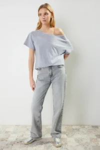 TRENDYOLMİLLA Gray Melange Oversized/Wide Pattern Boat Neck Knitting T-Shirt - Image 2