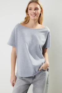 TRENDYOLMİLLA Gray Melange Oversized/Wide Pattern Boat Neck Knitting T-Shirt - Image 3