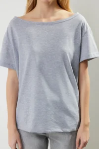 TRENDYOLMİLLA Gray Melange Oversized/Wide Pattern Boat Neck Knitting T-Shirt - Image 4