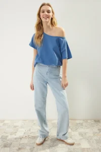 TRENDYOLMİLLA Indigo 100% Cotton Oversized/Wide Pattern Boat Neck Knitting T-Shirt - Image 2