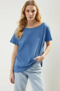 TRENDYOLMİLLA Indigo 100% Cotton Oversized/Wide Pattern Boat Neck Knitting T-Shirt - Image 3